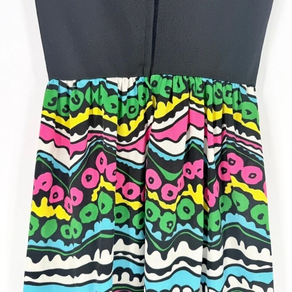 Vintage 60s 70s Psychedelic‎ Print Maxi Dress Black Mock Neck Sleeveless